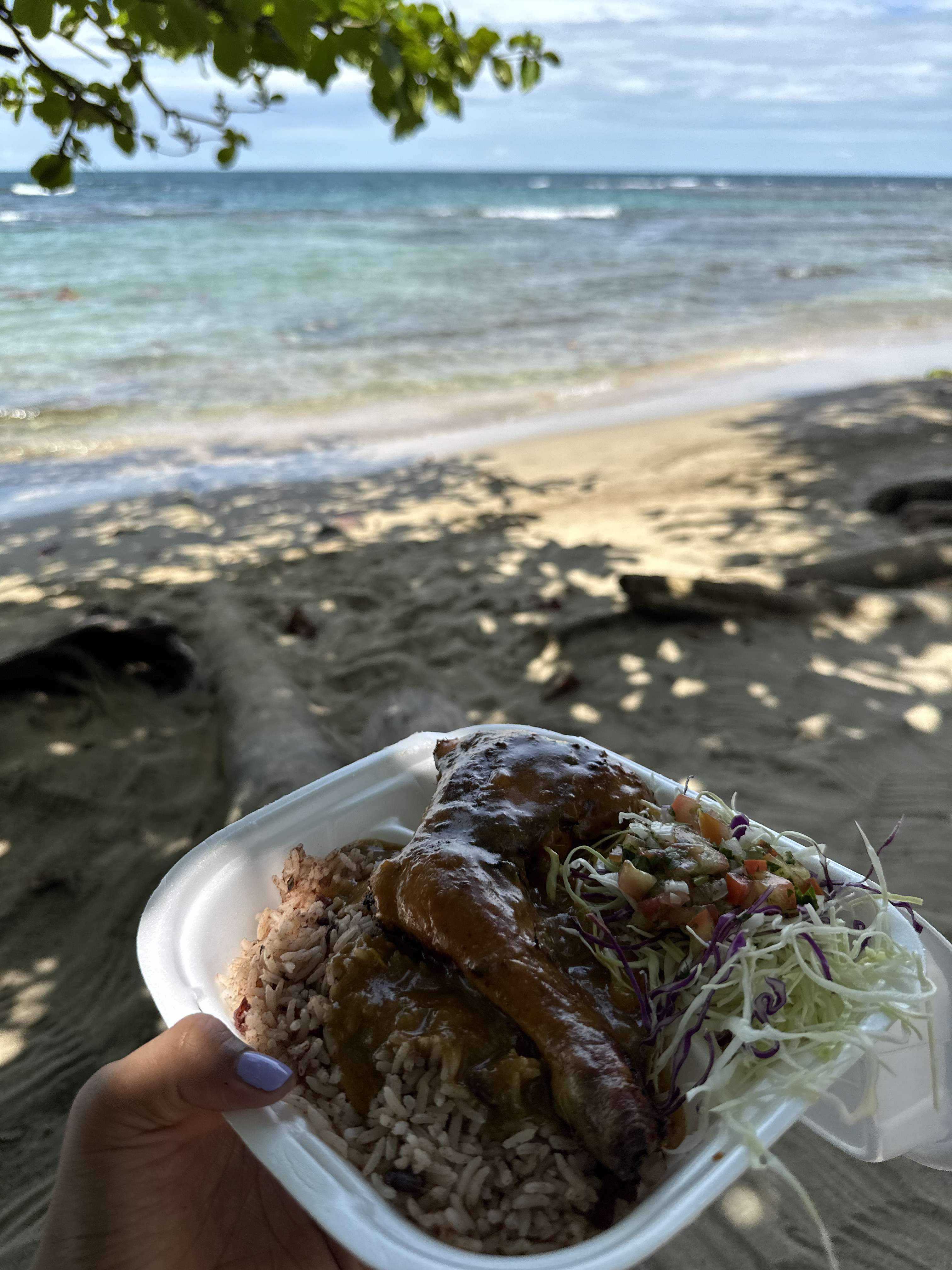 Authentic Costa Rican Caribbean jerk chicken with rice and plantains in Puerto Viejo
