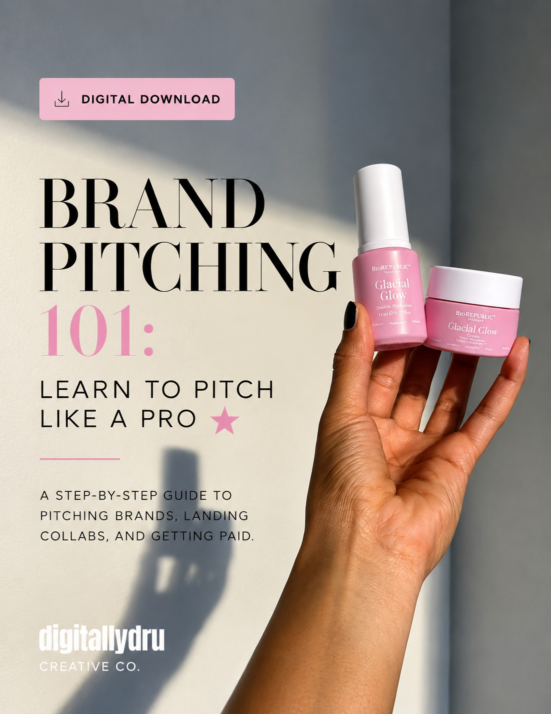 Hand holding two pink skincare products with promotional text about brand pitching on a gray background